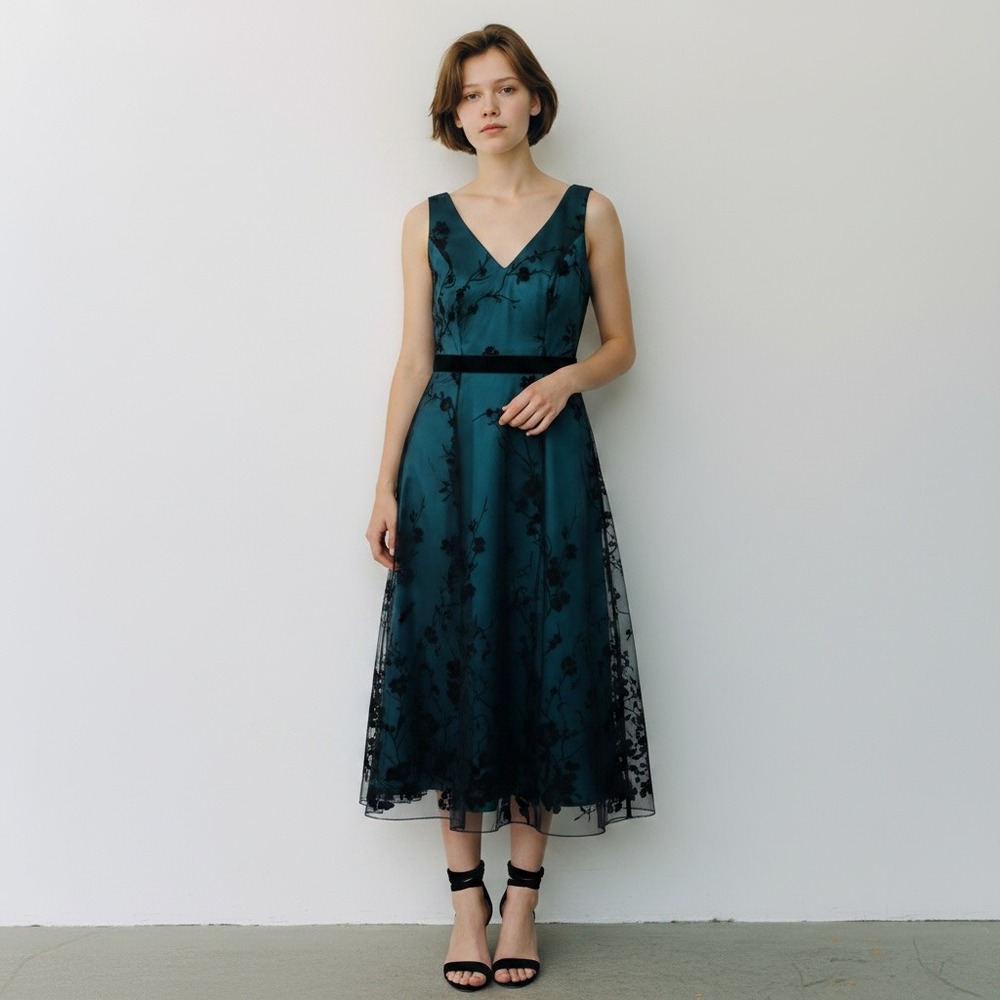 Papell Boutique Evening Party Formal Wedding Belt Guest Fit Flare Dress 6 Green